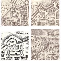 Fig.3: Four images of the Citadel of Reggio Emilia; note the semi-elliptical anomaly in the western side of it. In clockwise order: Francesco Valegio 1590; Anonymous 1599; Anonymous 1627; Anonymous 1751.