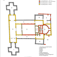 Fig. 6. Ravenna, architectonic complex of S. Croce. Overall plan indicating the different phases of the buildings (from David 2013, 152, pl. 8).
