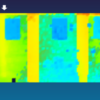 Fig. 15. Parish church of S. Apollinare in Longana (Ravenna). North-East wall.  Map of deformations create by the interpolation between the scanned data and an cross-plane. The arrow highlights a bulge due to the gap between the left portion (recently added) and the original church.