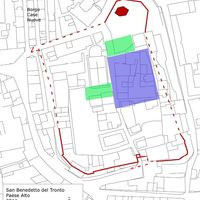 Fig. 1. Planimetry of the Upper Town of San Benedetto Del Tronto. The probable extension of the rich Roman domus (in blue) and of the production areas (in green). In red, the walls of the medieval castle.