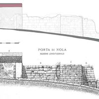 Fig. 9. Porta Nola, perspective drawing north of the atrium. Comparison between the new survey and that of the 1930s (Maiuri 1930, Tav. XI)
