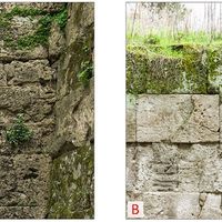 Figure 11. Evaluation of the intensity of the phenomenon of biological colonization on the stone surface. Image A: Wall surface of the Left Bastion of Porta Nola. Image B: wall surface of the section between Porta Nola and the left Bastion