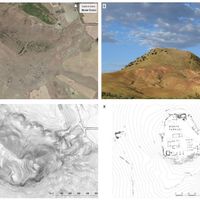 Fig. 8. Sicily, Monte Turcisi (Castel di Iudica): A) satellite image of the site (Google maps 2020); B) the fortress in red (after Jonasch, Winterstein, Ferlito 2019) on the hill’s slope analysis carried out on 2 m LIDAR Composite DTM (ATA 2007-2008, Regione Sicilia); C) view on the hill from North (after Jonasch, Winterstein, Ferlito 2016); plan of the structures on the top (after Jonasch, Winterstein, Ferlito 2019).