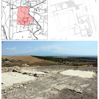 Fig. 9. Sicily, Contrada Castellito (Ramacca), the Roman villa, 3rd-5th century CE: its position in CTR cartography, s. 633100 (A); plan of the excavations (B); the view on the North-East sector of the site.