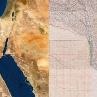 Fig. 1: To the left the entire coverage of the 4085-Great Britain War Office-U.S. Army Map Service-1941 overlayed on a satellite image (Esri satellite), on the right a detail of the Delta area of the same cartography.