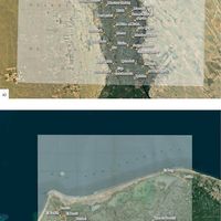 Fig. 4: a) The image shows the result of the georeferencing through visual recognition of control points of the XIV plate of the Carte topographique de l’Égypte overlayed on a satellite image (Esri satellite). It is evident that in the southern part of the map the margin of error increases significantly, especially near the Bahr Yussef. b) The image shows the result of the georeferencing through visual recognition of control points of the XL plate of the Carte topographique de l’Égypte overlayed on a satellite image (Esri satellite). Near the city of Rosetta, the margin of error between the cities is about 1.5 kilometers. In the Delta area, as the example of Kom el-Khanziri shows, the shift amounts to 3 kilometers.