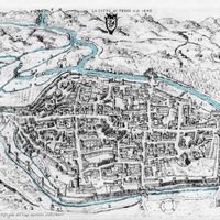 Fig. 3. View of the town of Terni on a drawing by Domizio Gubernari. In top the confluence of the Serra into the Nera (reworked version of Angeloni 1646).