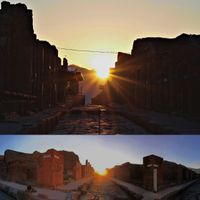 Fig. 9. Top: Rising of the sun at summer solstice from “Via dell’Abbondanza Station”, Pompeii, 21st June 2020. Consider that the position of the sun in the 7th -6th cent. BC was half a degree on the left than nowadays (photo by Ilaria Cristofaro). Below: Panorama image of the rising of the sun at summer solstice from “Via di Nola Station”, with Via Vesuvio on the left and Via Stabiana on the right, Pompeii, 21st June 2020 (photo by Carlo Rescigno).