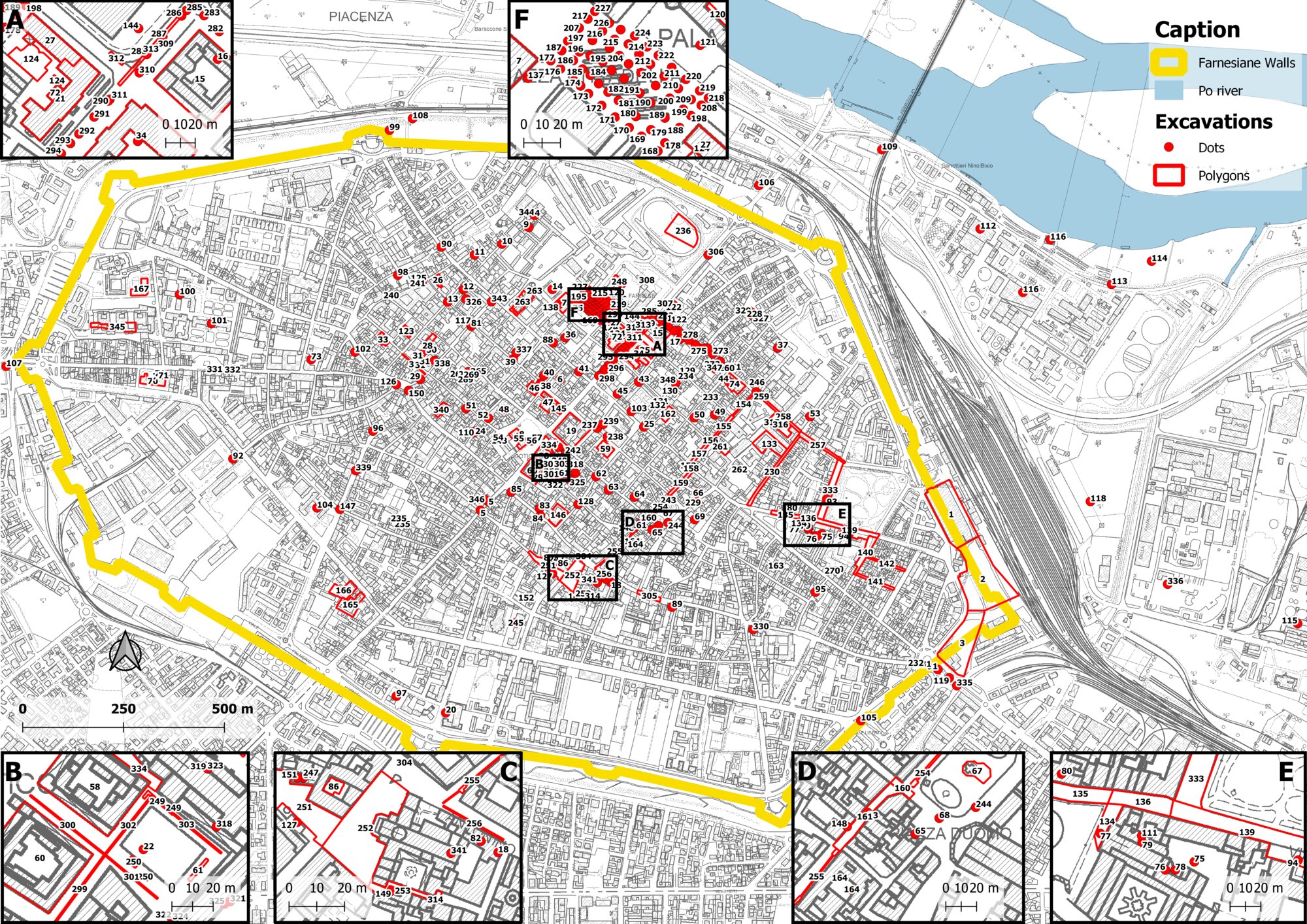 Figure 1 - Map of PIACENZA on CTR 1:5000: numbers refer to the Database for excavations and findings.