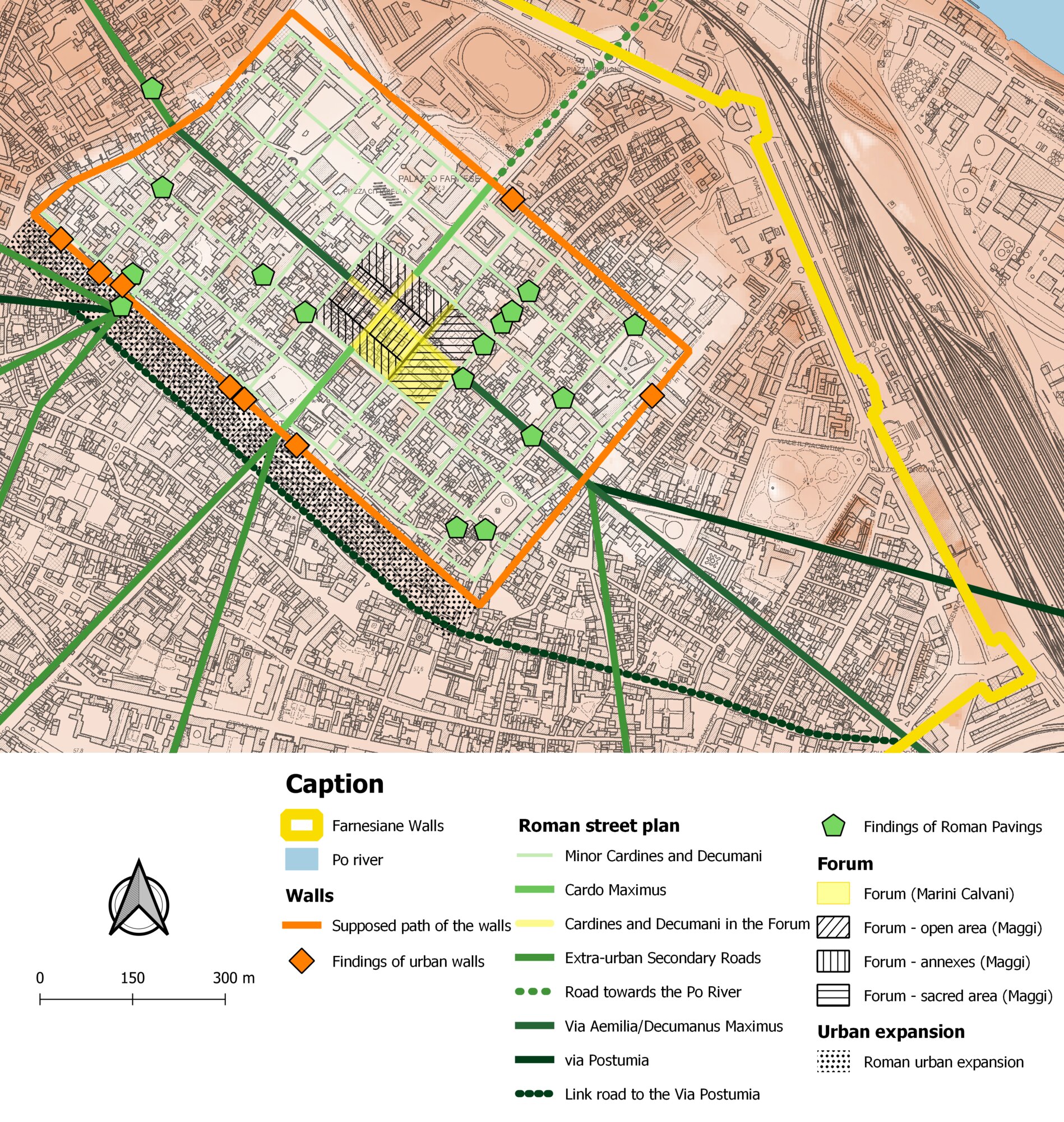 Figure 2 - Example of thematic map based on queried Geodatabase data. Urban plan of Roman Piacenza on CTR
1:5000 and DTM.