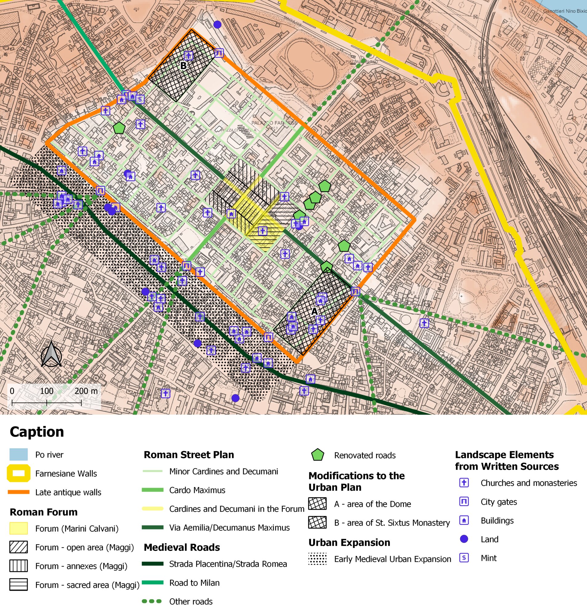 Figure 3 - Example of a thematic map based on queried data coming from written sources and findings in the
Geodatabase. Urban plan of medieval Piacenza on CTR 1:5000 and DTM.