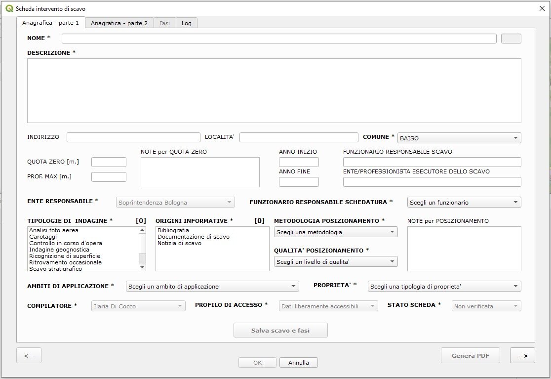 Figure 4 - First part of the template model. It includes fields with closed vocabularies, many of which are
mandatory (in bold). The number of mandatory fields increases if data refers to interventions carried out from
2023 onwards. Some of the fields (municipality, territorial Soprintendenza office etc.) are automatically filled-in by
the georeferencial system.