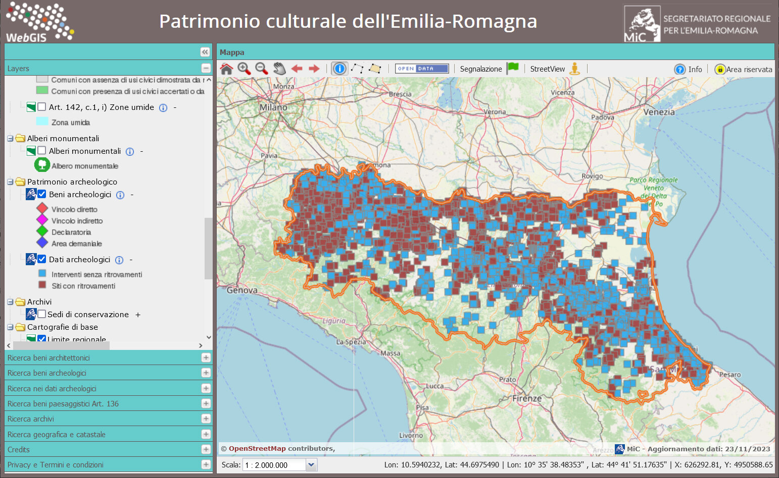 Figure 7 - ArcheoDB data are integrated through the WebGIS www.patrimonioculturale-er.it to include all
pertinent information essential for identifying the protected immovable heritage (architectural, landscape,
archaeological, and archival assets). This facilitates the implementation of proper measures for the protection,
administration, and enhancement of such heritage.