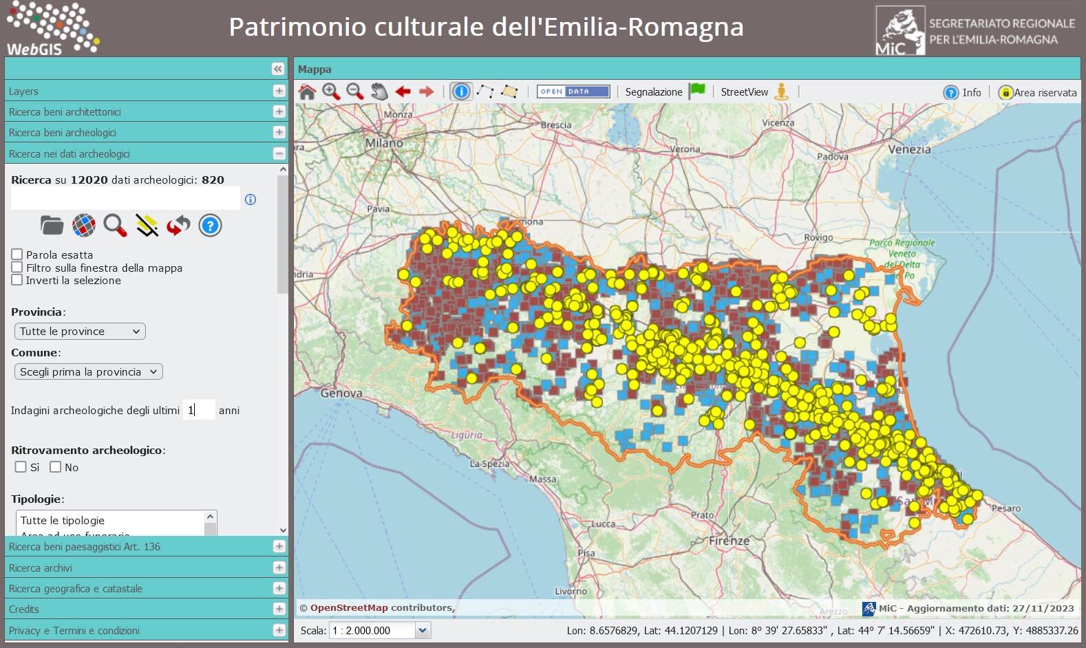 Figure 8 - The search criteria applied to sites containing archaeological data enable the identification of
information resulting from recent investigations, thereby accounting for the intensive efforts in conservation and
documentation currently underway. In the given example, by filtering data pertaining to interventions conducted
in the past year, more than 800 results become apparent.