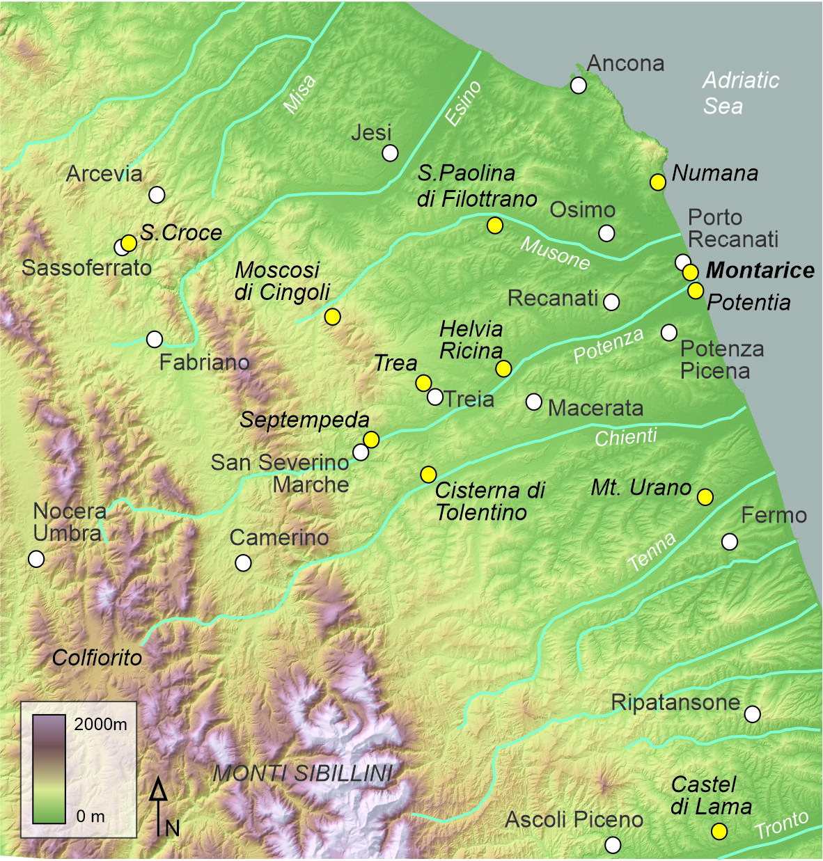 Figure 2 - Map of the central Marche region with the location of Montarice along the coast near
Porto Recanati. Archaeological sites mentioned in the text are indicated with yellow dots; presentday
towns with white dots.
