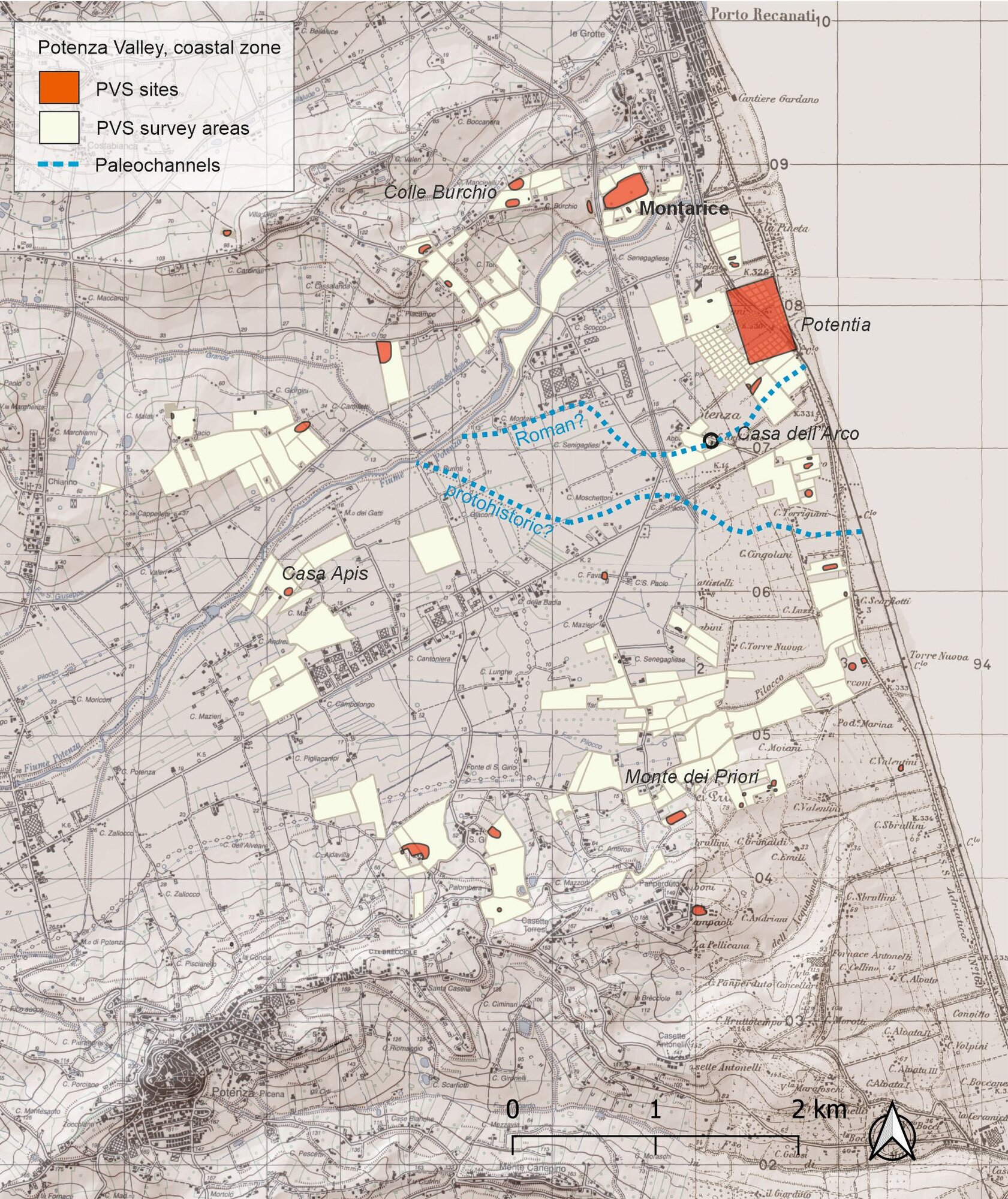 Figure 3 - The coastal zone of river Potenza. PVS sites and survey areas are indicated; hypothesized past
courses of the Potenza are outlined by dashed lines (after Goethals et al. 2009). Background is the IGM
1:25.000 toporaphic map.