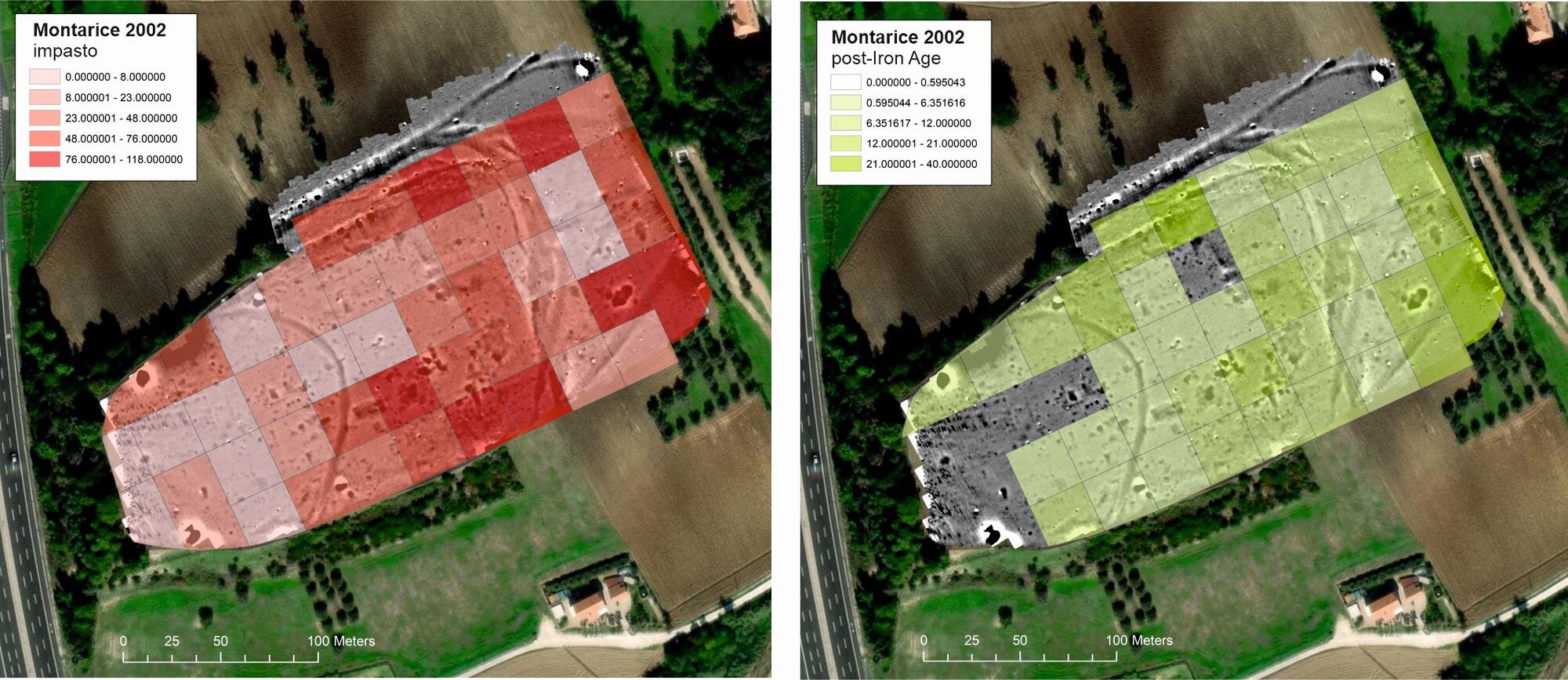 Figure 6 - Left: distribution patterns of protohistoric impasto pottery and post-Iron Age artefacts of the 2002
surveys. Right: distribution of impasto and Roman building materials and common wares in the 2019 resurveys.
The maps are north-oriented.