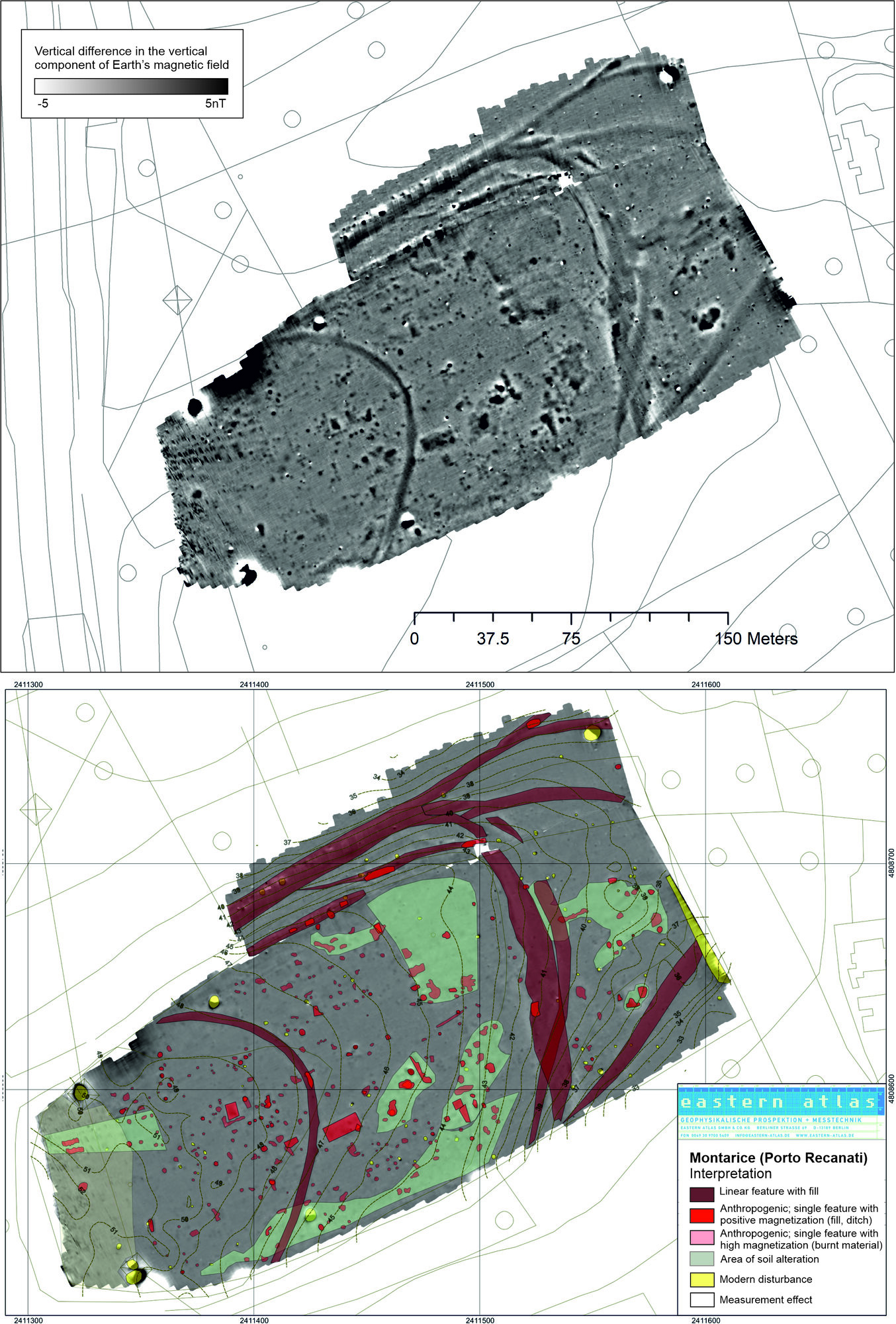 Figure 8 - Montarice (Porto Recanati, Italy). Top: results of the 2013 magnetometer survey in a dynamic range of
+/-5nT; bottom: interpretation. Note that in this first interpretation, the curvilinear features on the eastern side of
the plateau were marked as archaeologically relevant; additional resistivity surveys established that these traces
are natural conglomerate outcrops (data and interpretation Eastern Atlas). The maps are north-oriented.