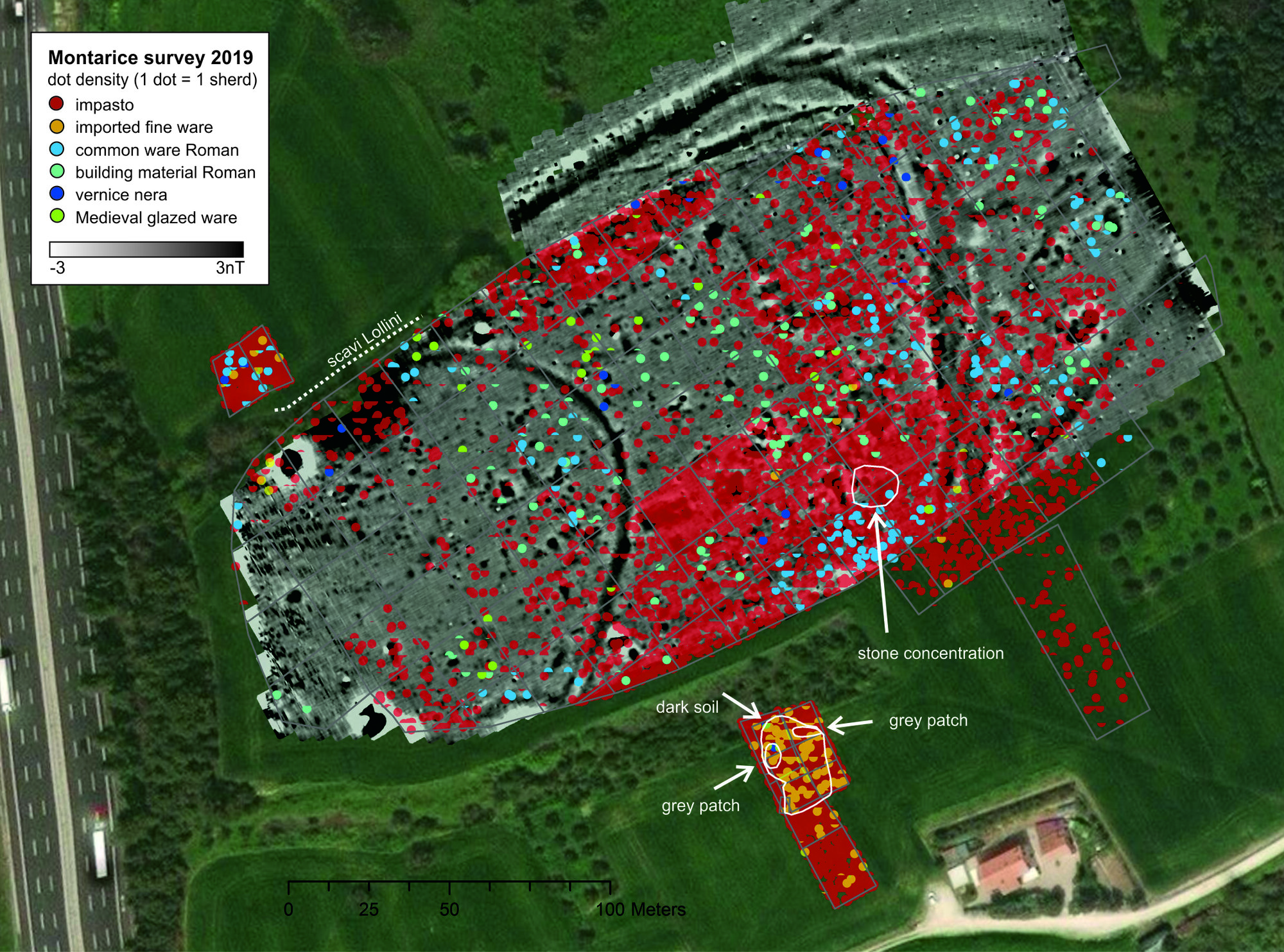 Figure 10 - Dot density distribution map of the 2019 resurvey. 1 dot = 1 sherd. The map is North-oriented.
