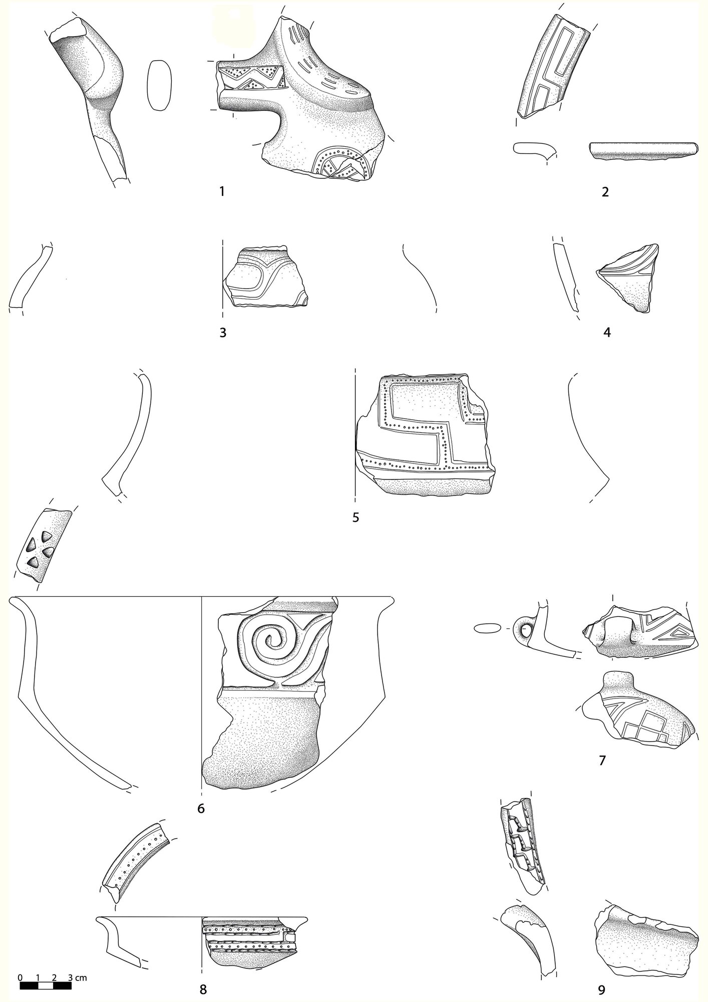 Figure 11 - Selection of MBA3 pottery fragments with typical Apennine decorations found at Montarice. Scale 1:3
(drawings and digitization by E. Paolini).