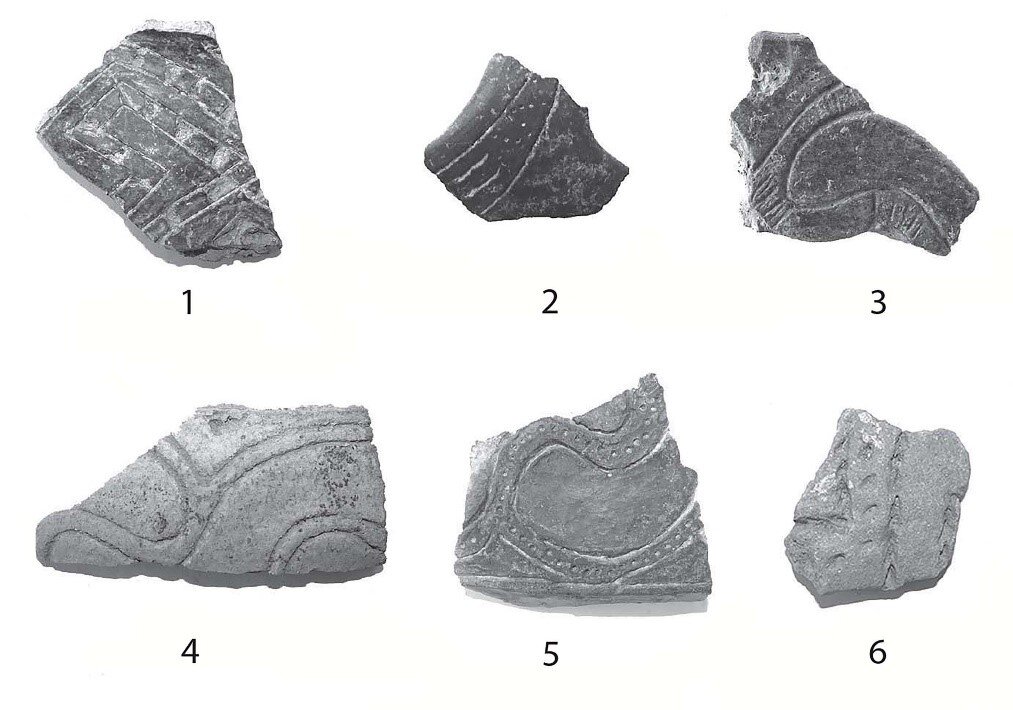 Figure 12 - Selection of MBA3 pottery fragments with typical Apennine decorations found at Montarice. N. 1 scale
1:3, ns. 2-5 scale 1:2, n. 6 scale 1:1 (photos by W. de Neef).