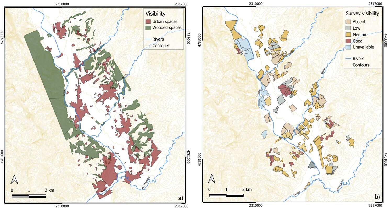 Figure 4 - Visibility maps of the
examined territory: a) urban and
wooded spaces are highlighted;
b) survey visibility map in
relation to the fields investigated
between October 2020 and
September/October 2021.