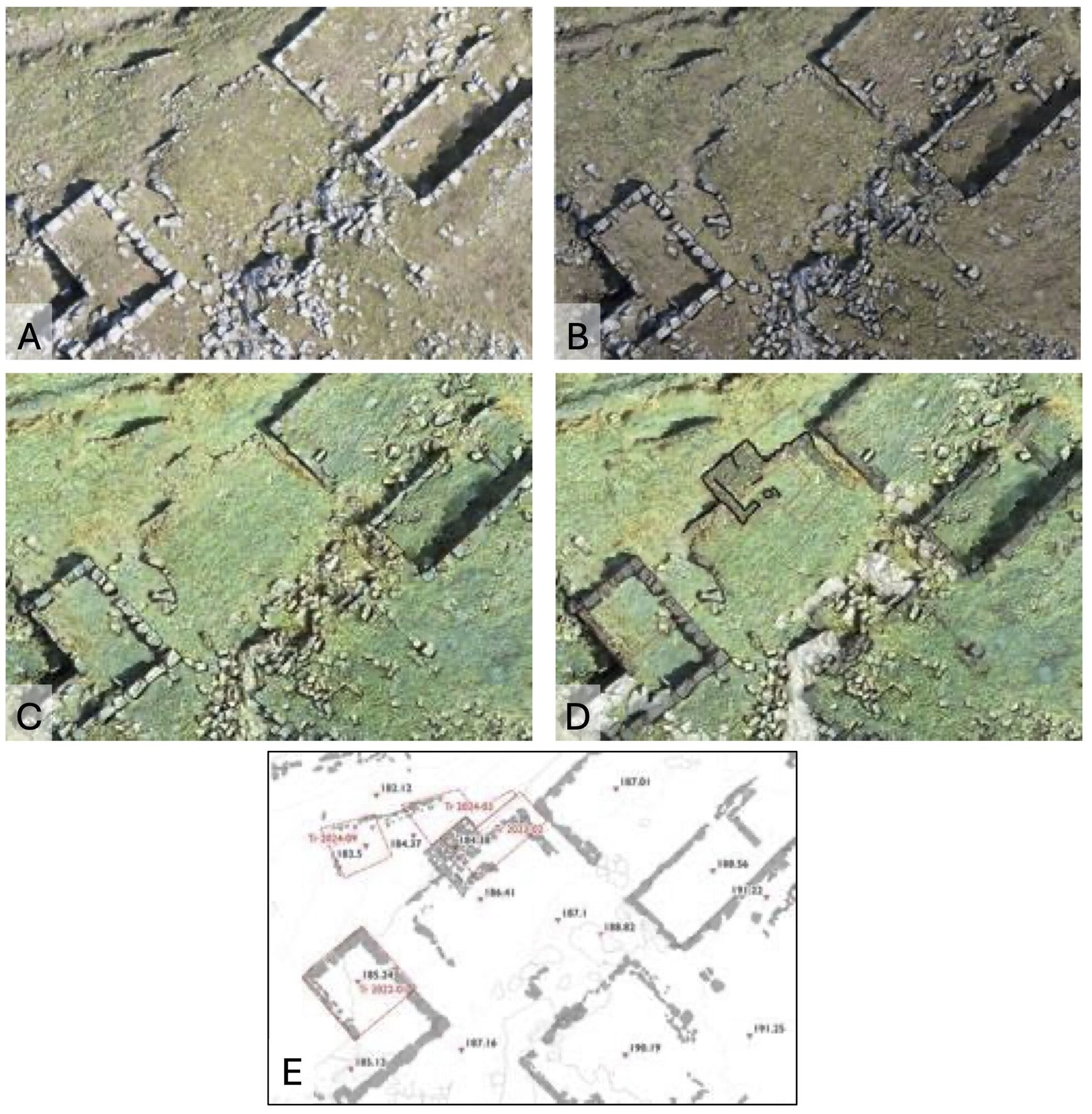 Figure 5 - Results from surveys in Çuka e Ajtoit. A. Orthophotomosaic; B. Hillshade model; C. Slope analysis; D.
Detailed field survey; E. Location of excavation trenches.