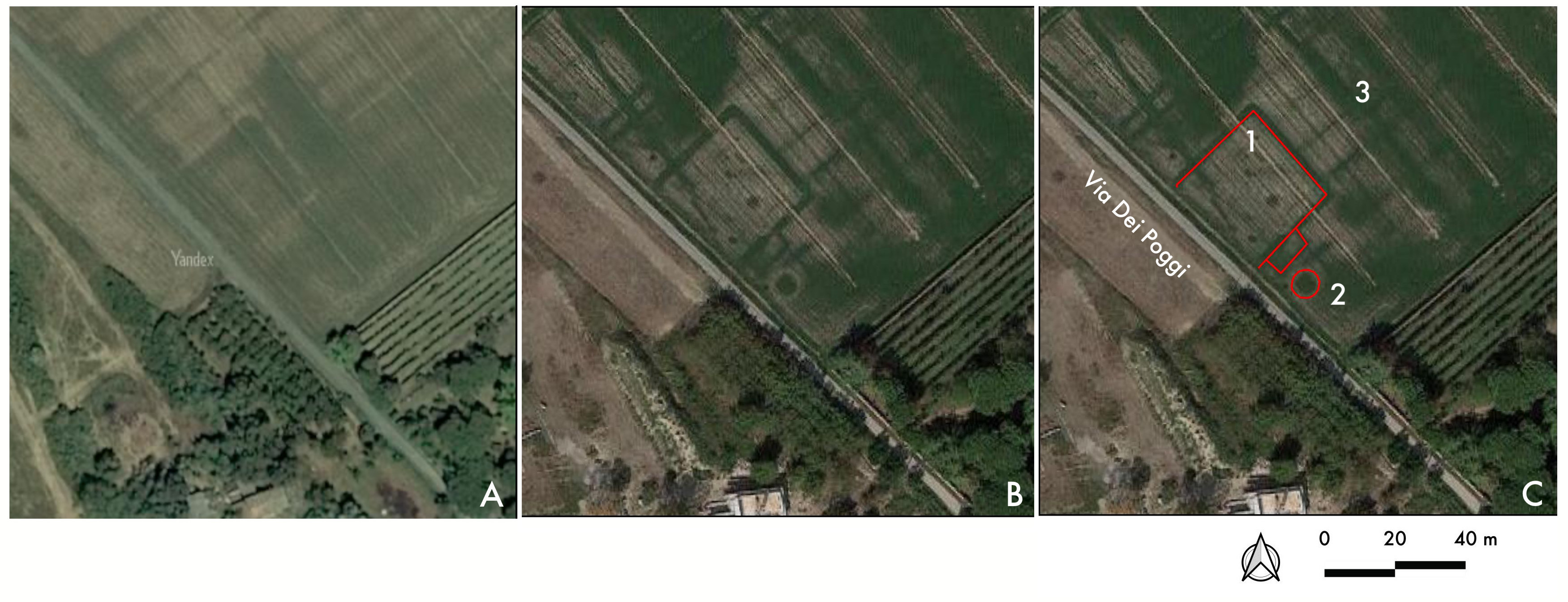  Figure 3. Southern suburb of Ravenna, area north of Fiumi Uniti and near Via dei Poggi: A: site seen on Yandex imagery 2021; B: same site seen on Google Earth 2021; C: possible structural anomalies highlighted: square-shaped structural anomaly (no. 1); circular feature (no. 2); field divisions (no. 3). Author M. Cavalazzi. 