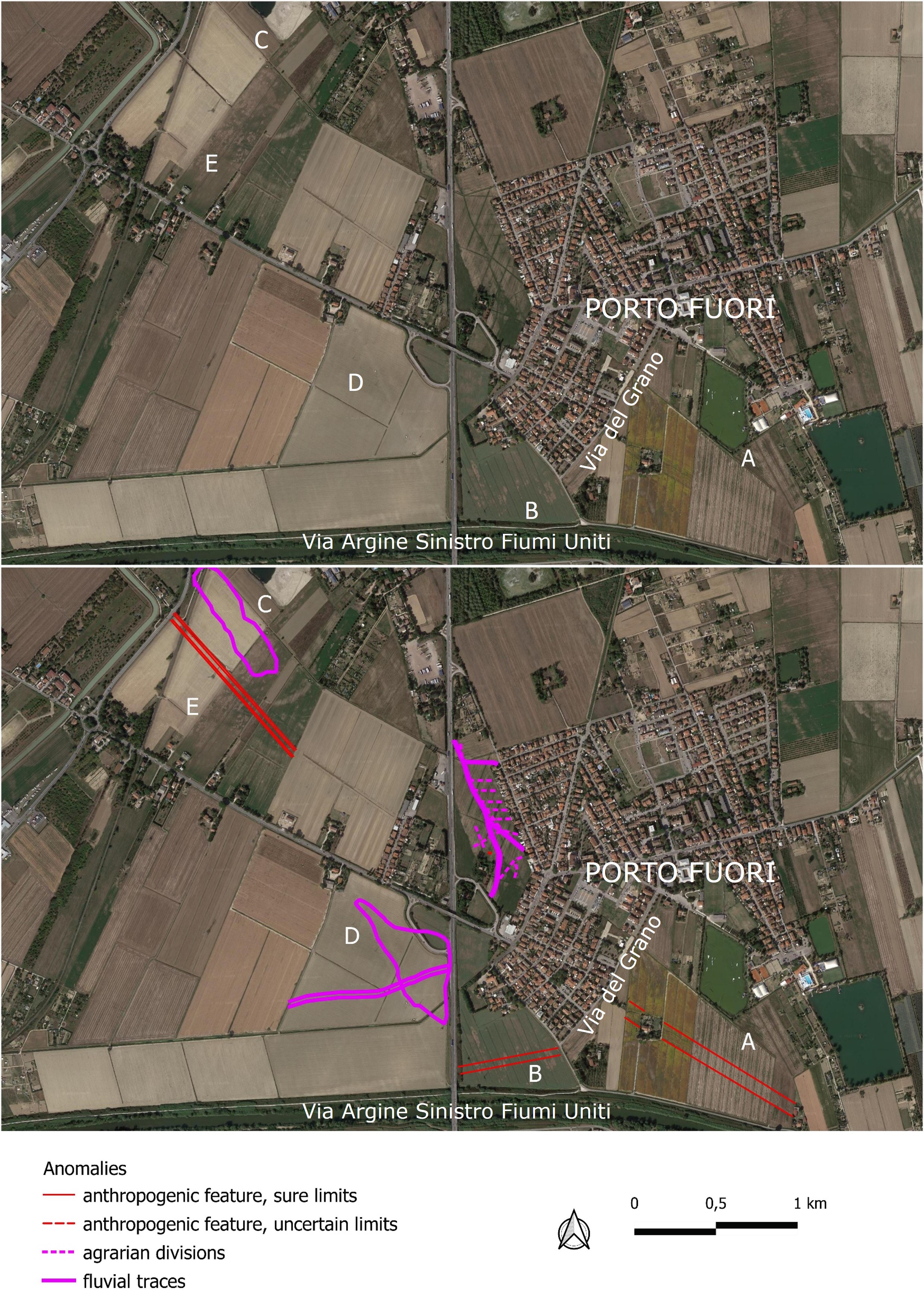  Figure 4. Southern suburb of Ravenna, surroundings of Porto Fuori: A: canal south of Porto Fuori; B: Panfilo canal; C-D: fluvial traces associated with the Badoreno; E: newly mapped canal (Google Earth 9/2021). Author M. Abballe. 
