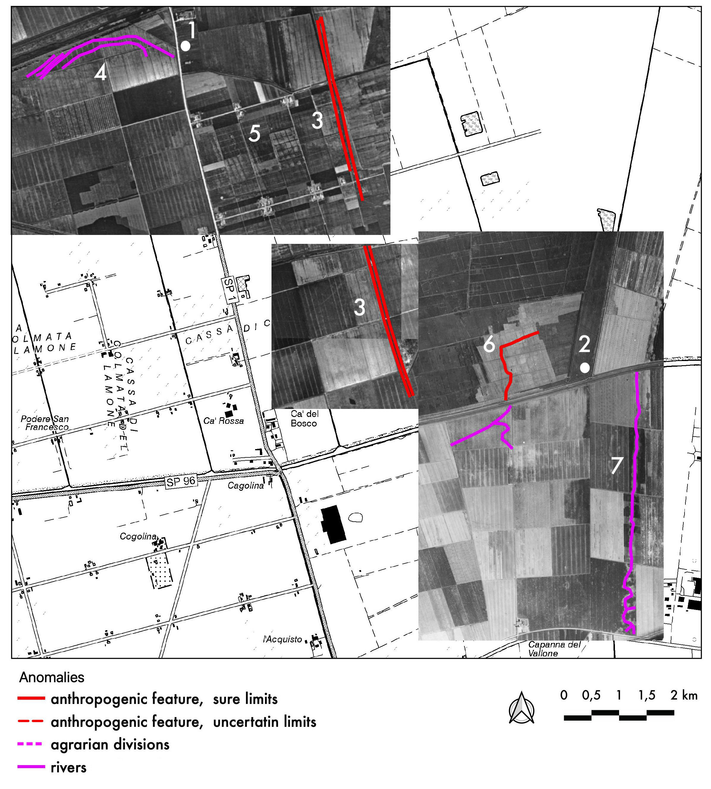  Figure 12. Highlighting of main anomalies near the area of S. Pietro in Armentario (no. 1) and the area of Palazzolo (no. 2): the Padoreno channel (no. 3); fluvial meander (no. 4); rice paddies (no. 5); trail path (no. 6); swale (no. 7). Author M. Cavalazzi. 