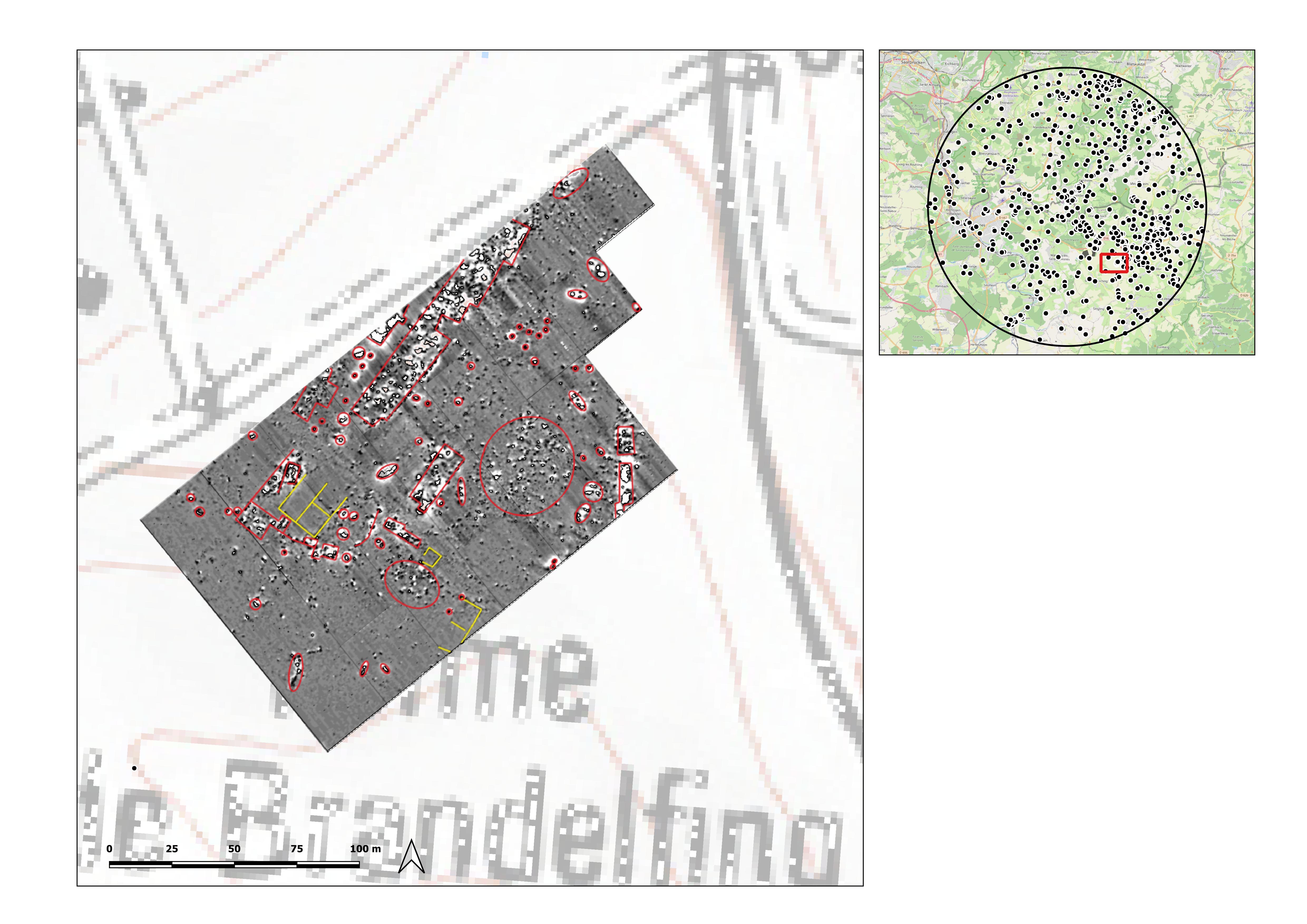  Figure 5. Measurement result of a geomagnetic prospection at Ferme de Brandelfing. Most of the recognisable structures are likely to be from the farm destroyed in the Second World War. 