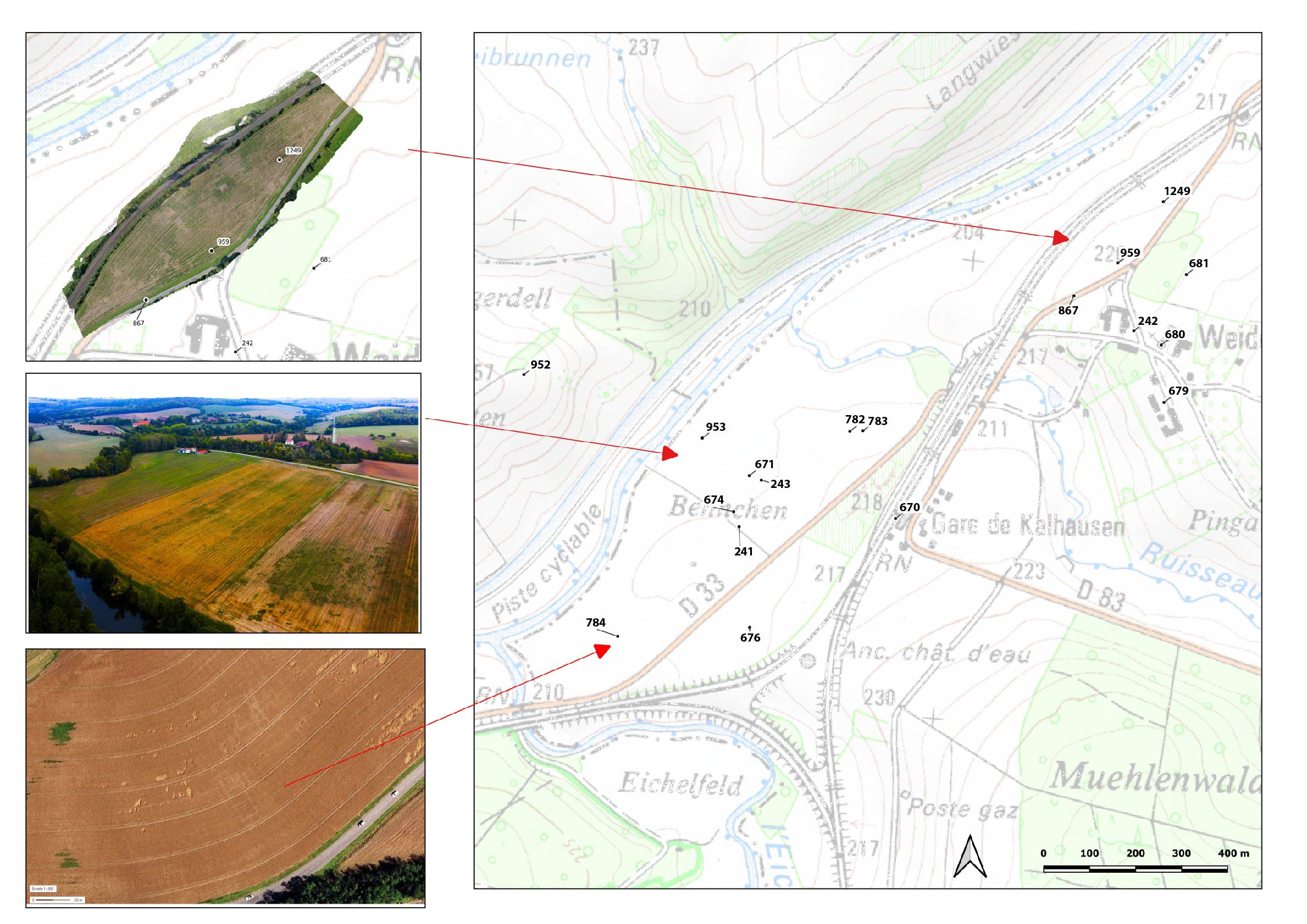 Figure 8. Kalhausen, Weidesheim. Site distribution and aerial (Géoportail, 2012) and drone photos. 