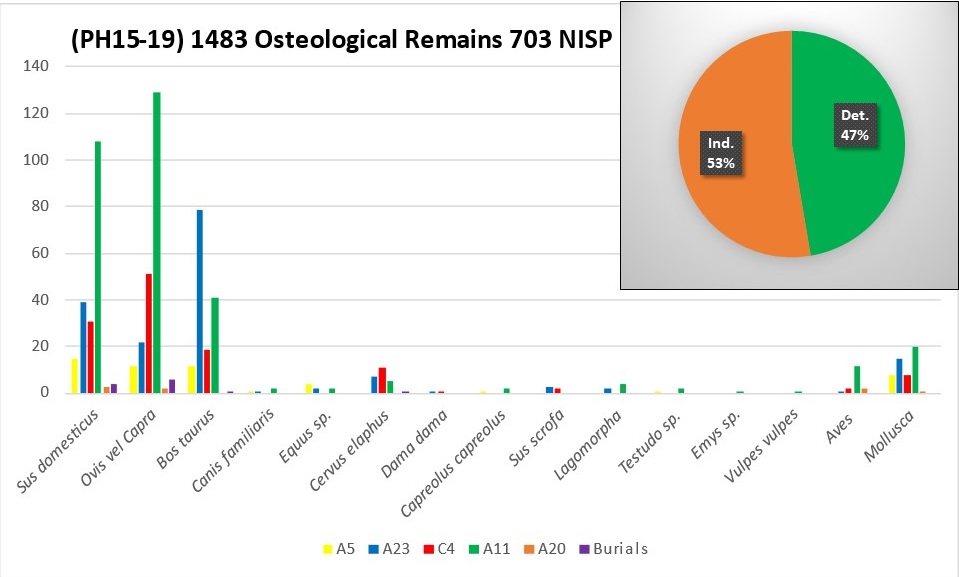  Figure 2. Pie chart with the rate of identification (%) of all the osteological remains, and bar chart of NISP sorted by excavated areas during 2015-2019 archaeological seasons (PH15-PH19) 