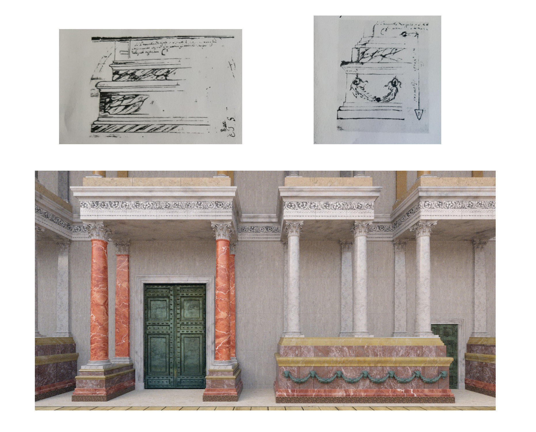  Figure 11. Plinths of the theatre of Falerio Picenus. Above, as drawn in the eighteenth century (Bonvicini 1971, 124-5) and below our reconstruction (elab. Studio 111). 